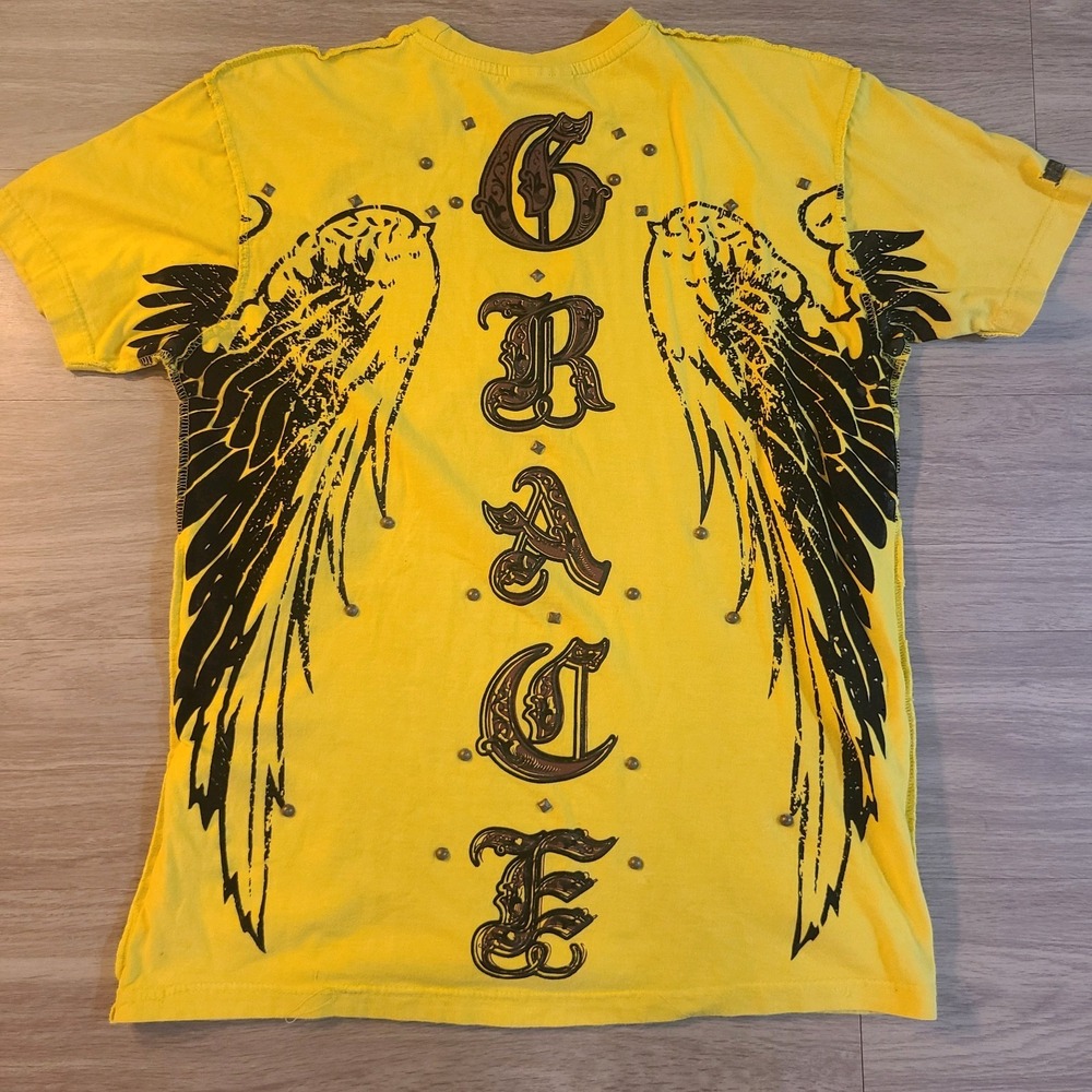 Blac Label Y2K Grunge Yellow Men's XL T-Shirt Wings Studded Graphic Streetwear